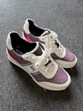 Michael Kors Women's Pink Glitter MK Logo Lace-Up Sneakers with White Accents